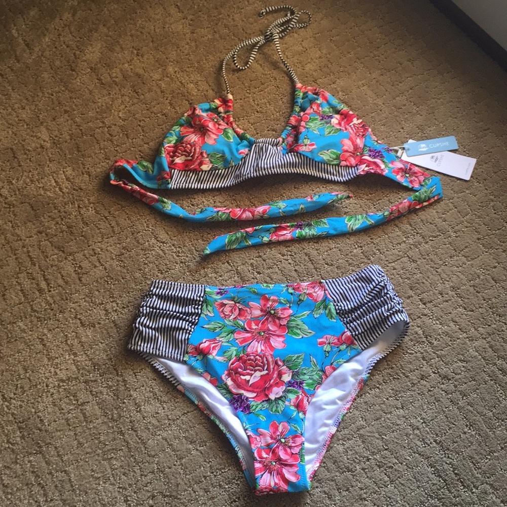 Red Floral and Stripe Halter Bikini